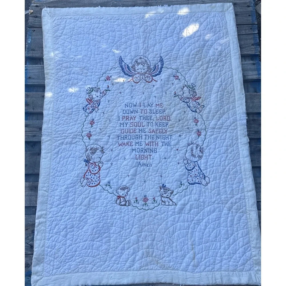 VTG Baby Crib Prayer Blanket 33x46 Angels Now I Lay Me Down To Sleep Embroidered